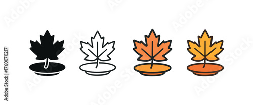 Vector icon autumn leaves table decor same pose same proportions four styles black solid glyph outline minimal flat multicolor filled cartoon flat shaded.