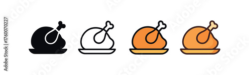 Vector icon oven roasted turkey thanksgiving same pose same proportions four styles black solid glyph outline minimal flat multicolor filled cartoon flat shaded.