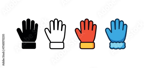 Vector icon insulated gloves winter same pose same proportions four styles black solid glyph outline minimal flat multicolor filled cartoon flat shaded.