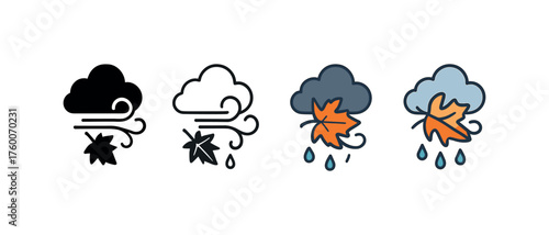 Vector icon storm wind autumn rain same pose same proportions four styles black solid glyph outline minimal flat multicolor filled cartoon flat shaded.