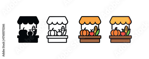 Vector icon seasonal produce stand thanksgiving same pose same proportions four styles black solid glyph outline minimal flat multicolor filled cartoon flat shaded.