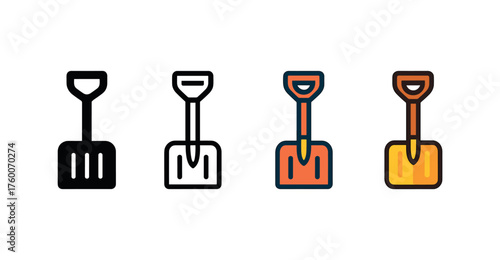 Vector icon snow shovel small winter same pose same proportions four styles black solid glyph outline minimal flat multicolor filled cartoon flat shaded.