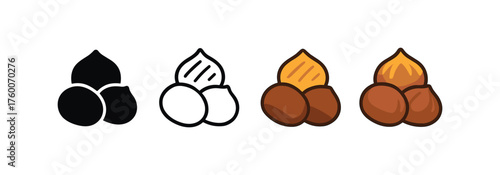 Vector icon roasted chestnuts thanksgiving same pose same proportions four styles black solid glyph outline minimal flat multicolor filled cartoon flat shaded.