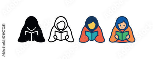 Vector icon reading under blanket winter same pose same proportions four styles black solid glyph outline minimal flat multicolor filled cartoon flat shaded.
