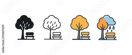Vector icon rainy park alley autumn same pose same proportions four styles black solid glyph outline minimal flat multicolor filled cartoon flat shaded.