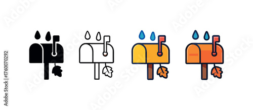 Vector icon mailbox wet autumn rain same pose same proportions four styles black solid glyph outline minimal flat multicolor filled cartoon flat shaded.