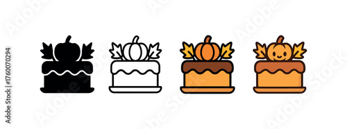 Vector icon seasonal cake thanksgiving same pose same proportions four styles black solid glyph outline minimal flat multicolor filled cartoon flat shaded.