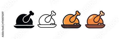 Vector icon roasted turkey platter thanksgiving same pose same proportions four styles black solid glyph outline minimal flat multicolor filled cartoon flat shaded.
