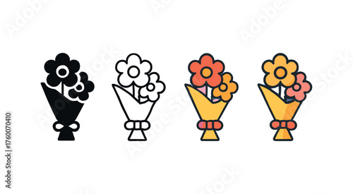 Vector icon flower bouquet thanksgiving same pose same proportions four styles black solid glyph outline minimal flat multicolor filled cartoon flat shaded.