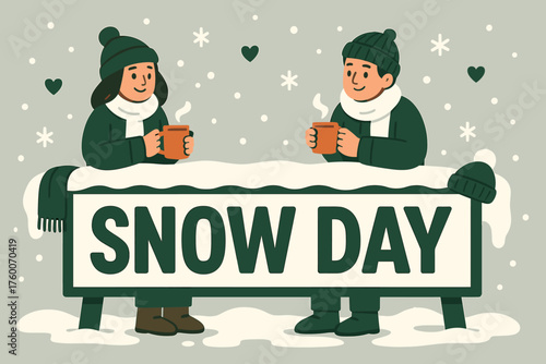Snow covered bench banner flat vector illustration bold oversized text inside rectangular frame cartoon characters sitting with mugs on snowy banner shaped bench scarves and hats nearby.