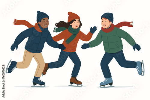 Group of friends ice skating detailed flat vector illustration 3 subjects in colorful scarves cold winter palette dynamic atmosphere.
