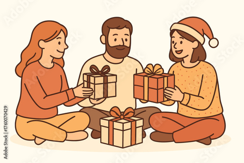 Friends exchanging gifts in cozy scene outlined flat vector illustration 3 subjects with wrapped boxes warm pastel palette cheerful and relaxed atmosphere.