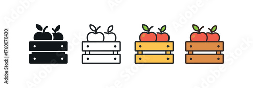 Vector icon crate with apples thanksgiving same pose same proportions four styles black solid glyph outline minimal flat multicolor filled cartoon flat shaded.