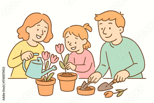 Family planting first spring flowers in pots doodle flat vector illustration 3 people with watering can and tulips pastel spring palette cheerful atmosphere.