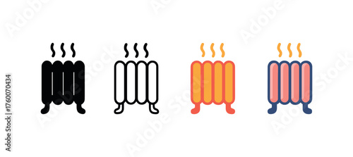 Vector icon radiator heater winter same pose same proportions four styles black solid glyph outline minimal flat multicolor filled cartoon flat shaded.