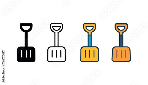 Vector icon snow shovel winter preparation same pose same proportions four styles black solid glyph outline minimal flat multicolor filled cartoon flat shaded.