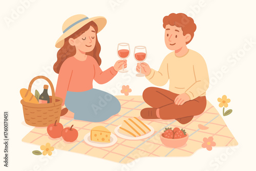 enjoying spring picnic cartoon flat vector illustration 2 people with blanket and basket pastel spring palette cozy romantic mood.