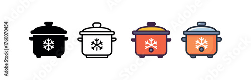 Vector icon slow cooker pot winter same pose same proportions four styles black solid glyph outline minimal flat multicolor filled cartoon flat shaded.