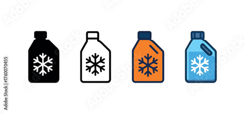 Vector icon car antifreeze bottle winter same pose same proportions four styles black solid glyph outline minimal flat multicolor filled cartoon flat shaded.
