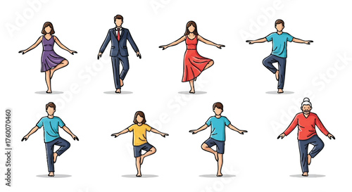 set of person balancing on one foot outline icons vector full color