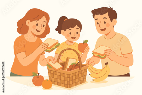 Family preparing picnic basket detailed flat vector illustration 3 people adding sandwiches and fruits warm pastel palette cheerful mood.