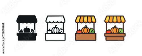 Vector icon market stall vegetables thanksgiving same pose same proportions four styles black solid glyph outline minimal flat multicolor filled cartoon flat shaded.