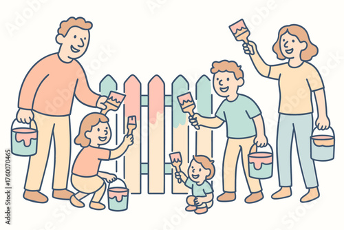 Family painting house fence doodle flat vector illustration 4 people with brushes and paint cans pastel tones cheerful teamwork mood.