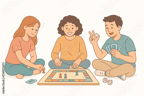 Friends playing board games cartoon flat vector illustration 3 subjects with dice and cards pastel tones relaxed playful mood.