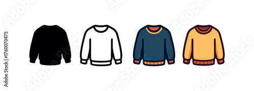 Vector icon wool sweater winter same pose same proportions four styles black solid glyph outline minimal flat multicolor filled cartoon flat shaded.