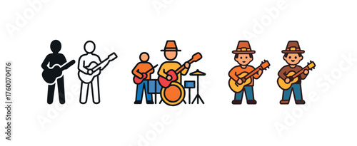 Vector icon music thanksgiving same pose same proportions four styles black solid glyph outline minimal flat multicolor filled cartoon flat shaded.