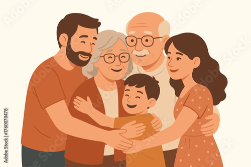 Family visiting grandparents detailed flat vector illustration 5 people hugging and chatting warm pastel palette emotional mood.