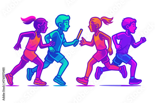 Children running relay race flat neon vector illustration 4 kids with baton bright neon palette dynamic energetic mood.