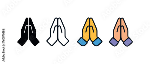 Vector icon gratitude hands thanksgiving same pose same proportions four styles black solid glyph outline minimal flat multicolor filled cartoon flat shaded.