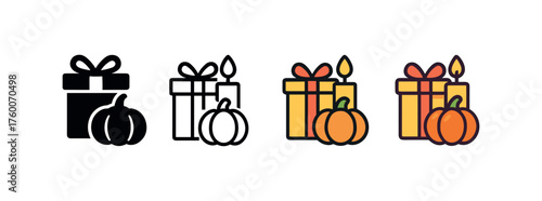 Vector icon harvest candle gift thanksgiving same pose same proportions four styles black solid glyph outline minimal flat multicolor filled cartoon flat shaded.
