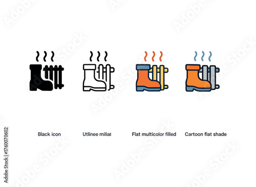 Vector icon boots drying near radiator same pose same proportions four styles black solid glyph outline minimal flat multicolor filled cartoon flat shaded.