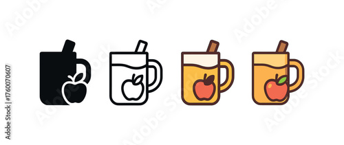 Vector icon cider mug thanksgiving same pose same proportions four styles black solid glyph outline minimal flat multicolor filled cartoon flat shaded.