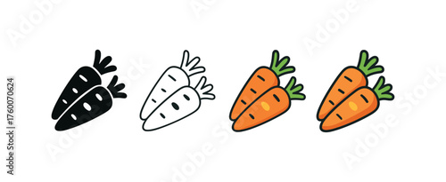 Vector icon glazed carrots thanksgiving same pose same proportions four styles black solid glyph outline minimal flat multicolor filled cartoon flat shaded.