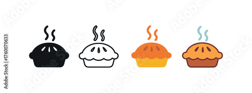Vector icon pie baking winter same pose same proportions four styles black solid glyph outline minimal flat multicolor filled cartoon flat shaded.