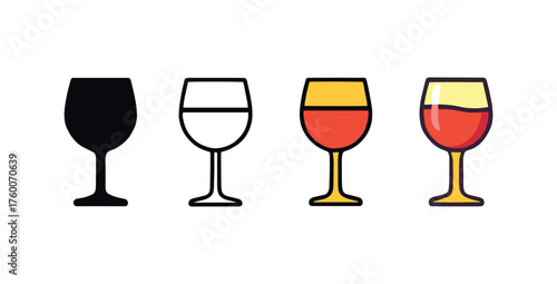 Vector icon wine glass thanksgiving same pose same proportions four styles black solid glyph outline minimal flat multicolor filled cartoon flat shaded.