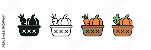 Vector icon harvest basket vegetables thanksgiving same pose same proportions four styles black solid glyph outline minimal flat multicolor filled cartoon flat shaded.
