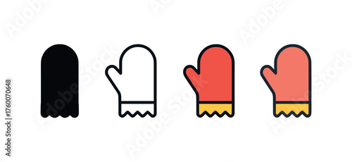 Vector icon oven mittens winter baking same pose same proportions four styles black solid glyph outline minimal flat multicolor filled cartoon flat shaded.