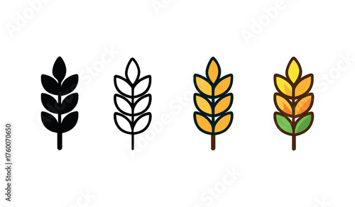 Vector icon barley ears thanksgiving same pose same proportions four styles black solid glyph outline minimal flat multicolor filled cartoon flat shaded.