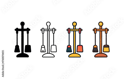 Vector icon fireplace tools winter same pose same proportions four styles black solid glyph outline minimal flat multicolor filled cartoon flat shaded.