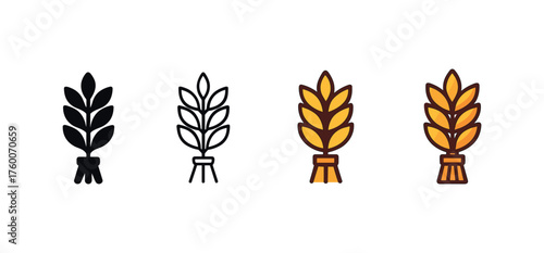 Vector icon wheat sheaf thanksgiving same pose same proportions four styles black solid glyph outline minimal flat multicolor filled cartoon flat shaded.