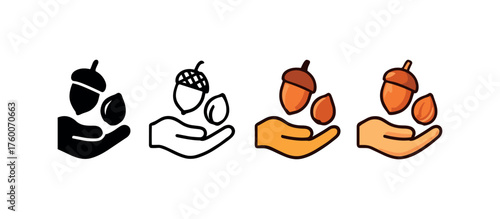 Vector icon nuts harvest thanksgiving same pose same proportions four styles black solid glyph outline minimal flat multicolor filled cartoon flat shaded.