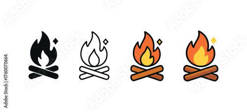 Vector icon fire sparks winter night same pose same proportions four styles black solid glyph outline minimal flat multicolor filled cartoon flat shaded.