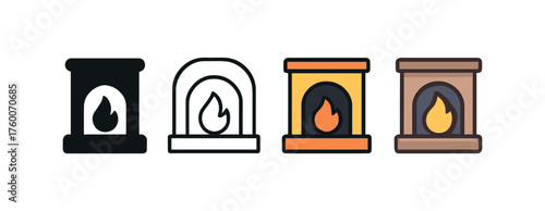 Vector icon electric fireplace winter same pose same proportions four styles black solid glyph outline minimal flat multicolor filled cartoon flat shaded.