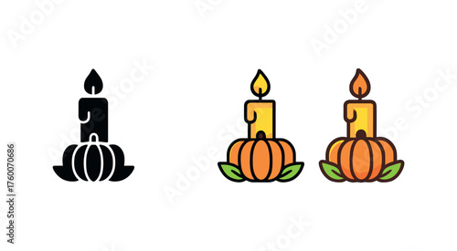 icon festive candle thanksgiving same pose same proportions four styles black solid glyph outline minimal flat multicolor filled cartoon flat shaded.