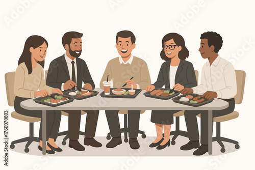 Office team having lunch together modern flat vector illustration 5 coworkers with food trays neutral corporate palette relaxed atmosphere.