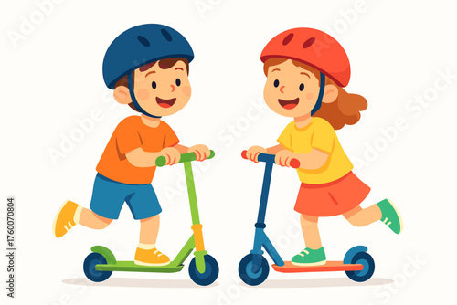 Two friends riding scooters cartoon flat vector illustration 2 kids in helmets bright spring palette active playful mood.